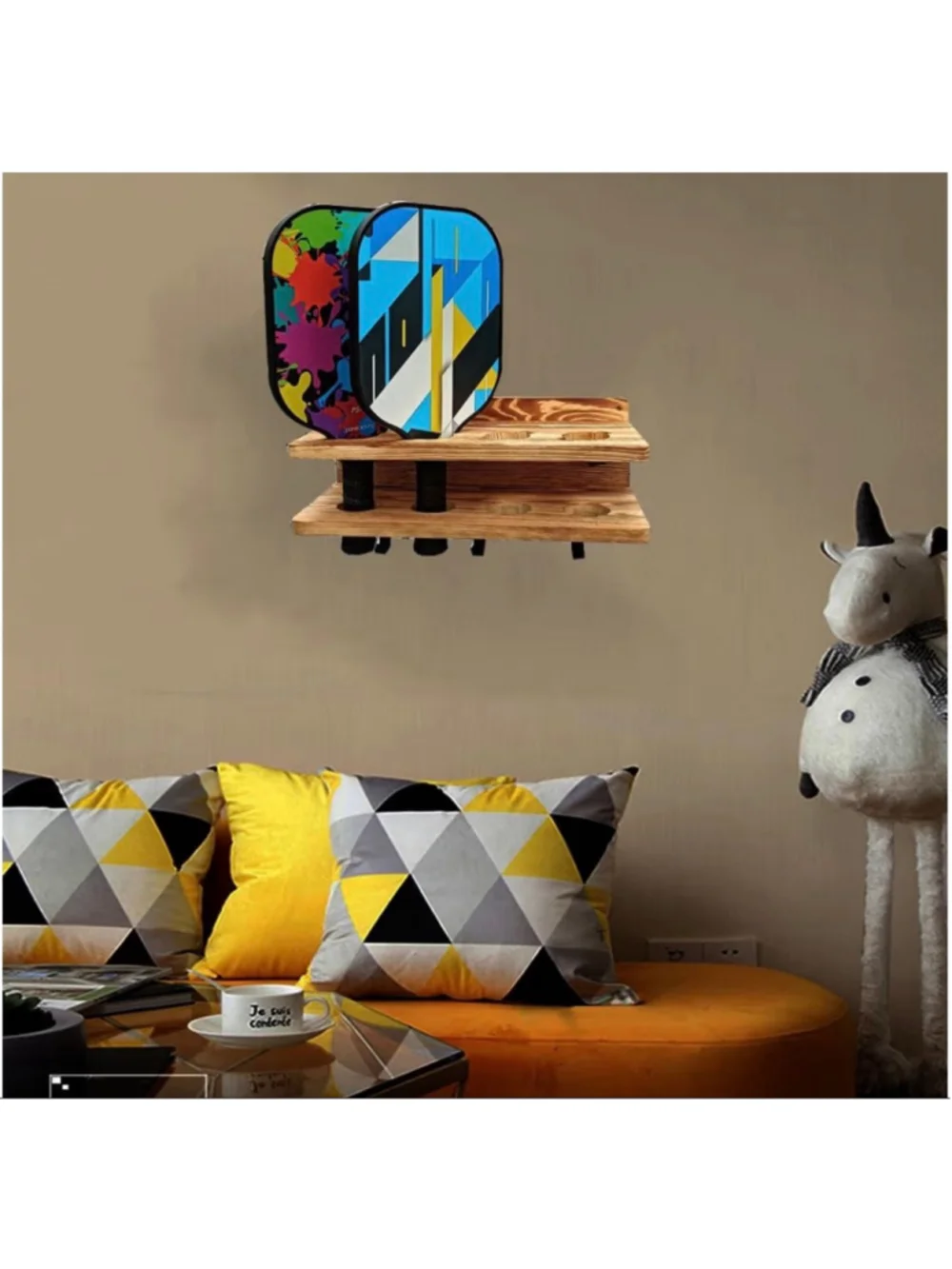 NEW Set of 2 Pickleball Paddle Rack Holder Hooks Fence Wall Solid Wood